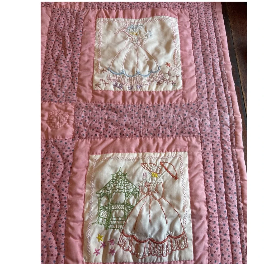Vintage Pristine Handmade Baby Crib Quilt, Pink Embroidered Nursery Heirloom